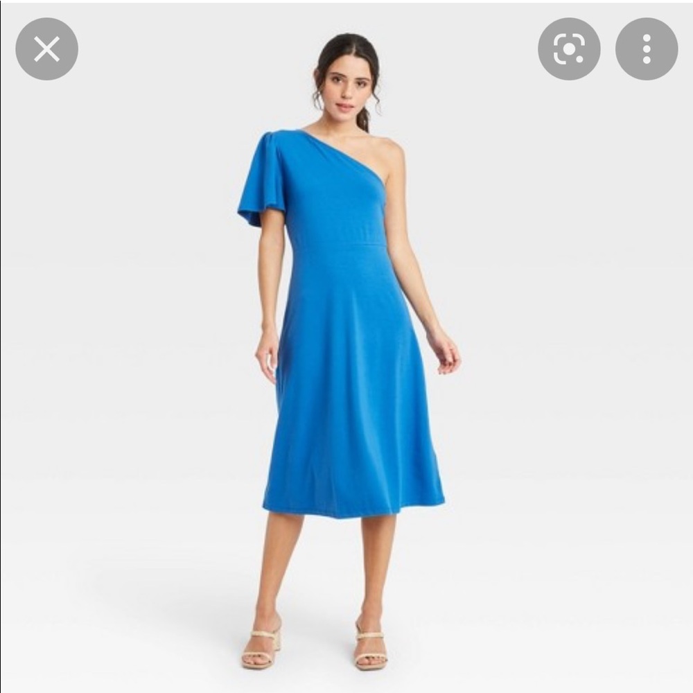 NWT who what wear one shoulder puff short sleeve dress blue